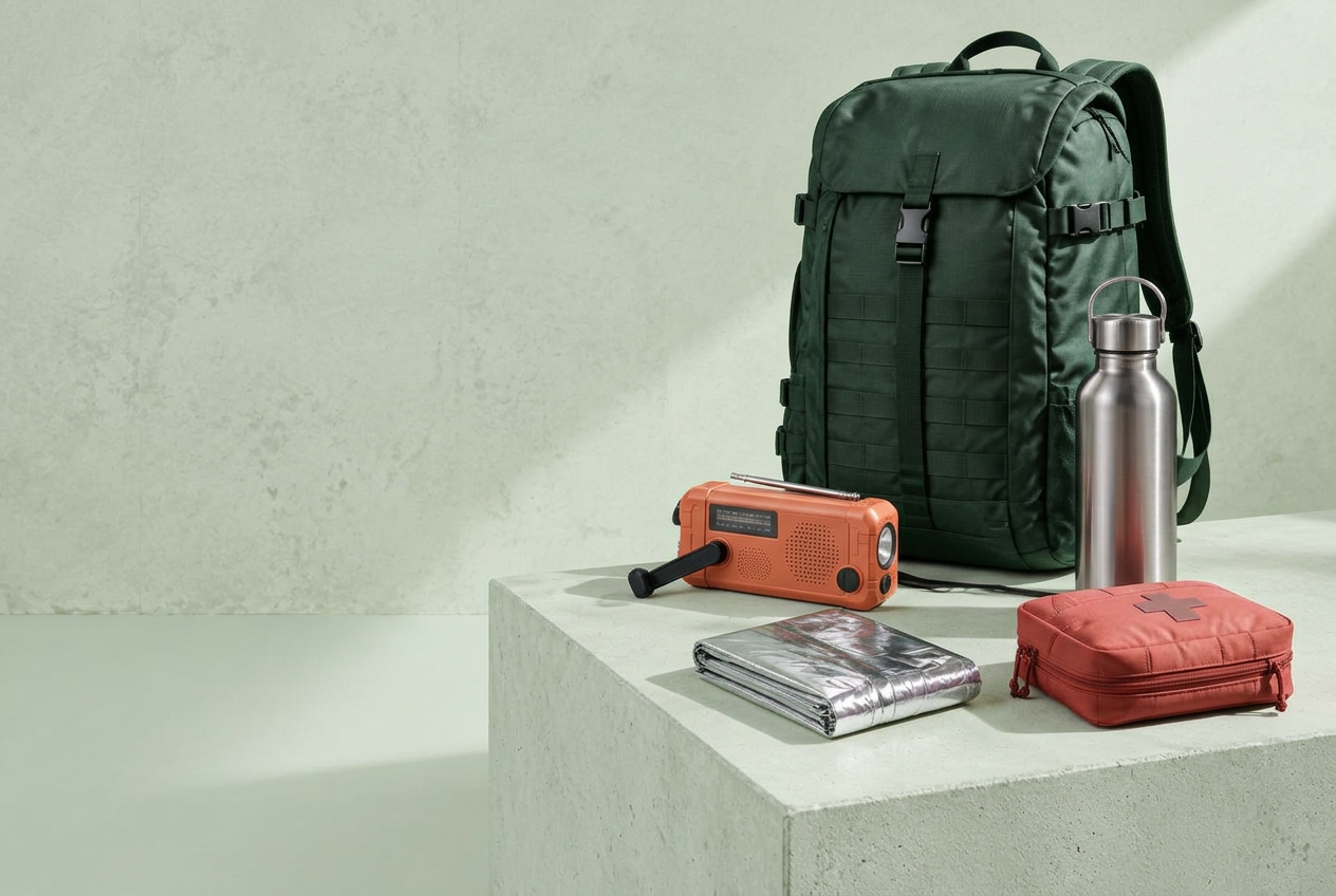 Selección ilustrativa de emergencia: mochila negra, radio, botella, manta térmica y botiquín